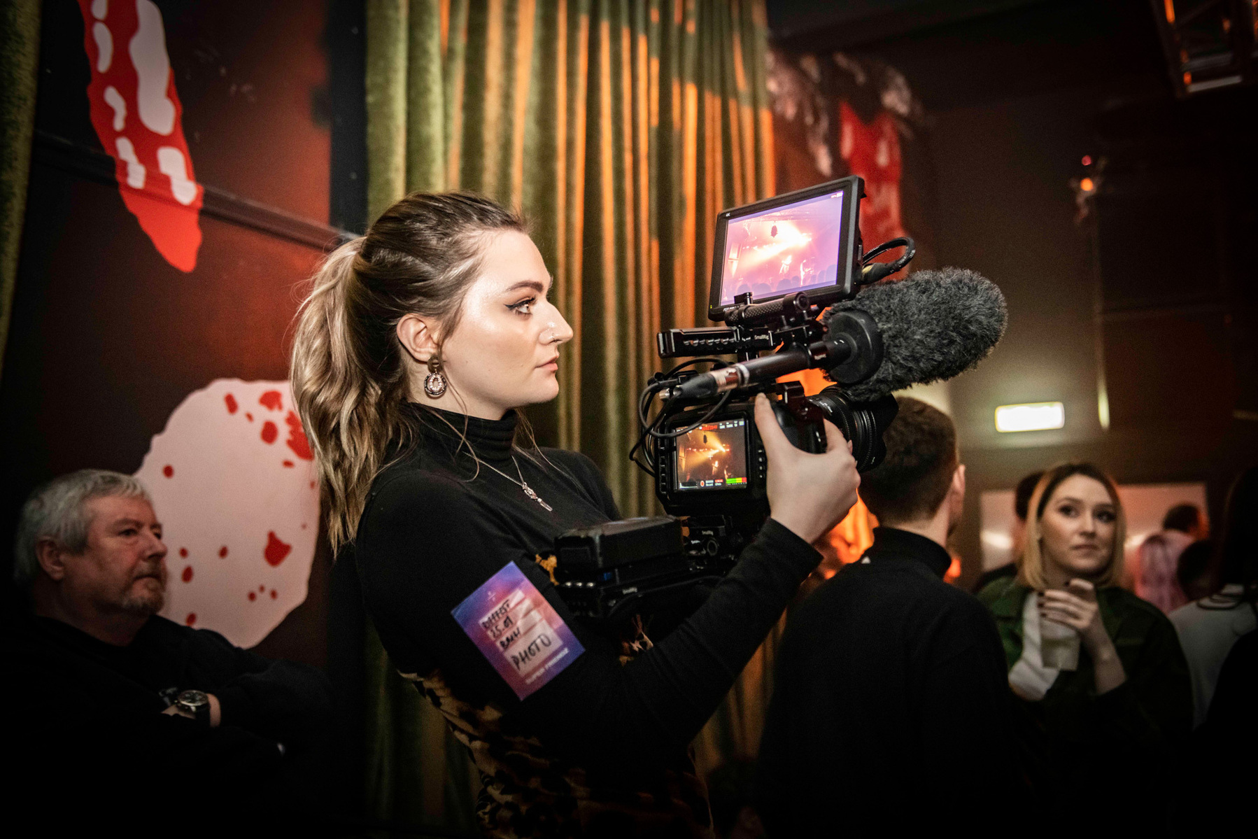 Image of cool indie girl videographer shooting at Riffest 2020 25th January at Belgrave Music Hall Leeds for Aire Street Studio Leeds