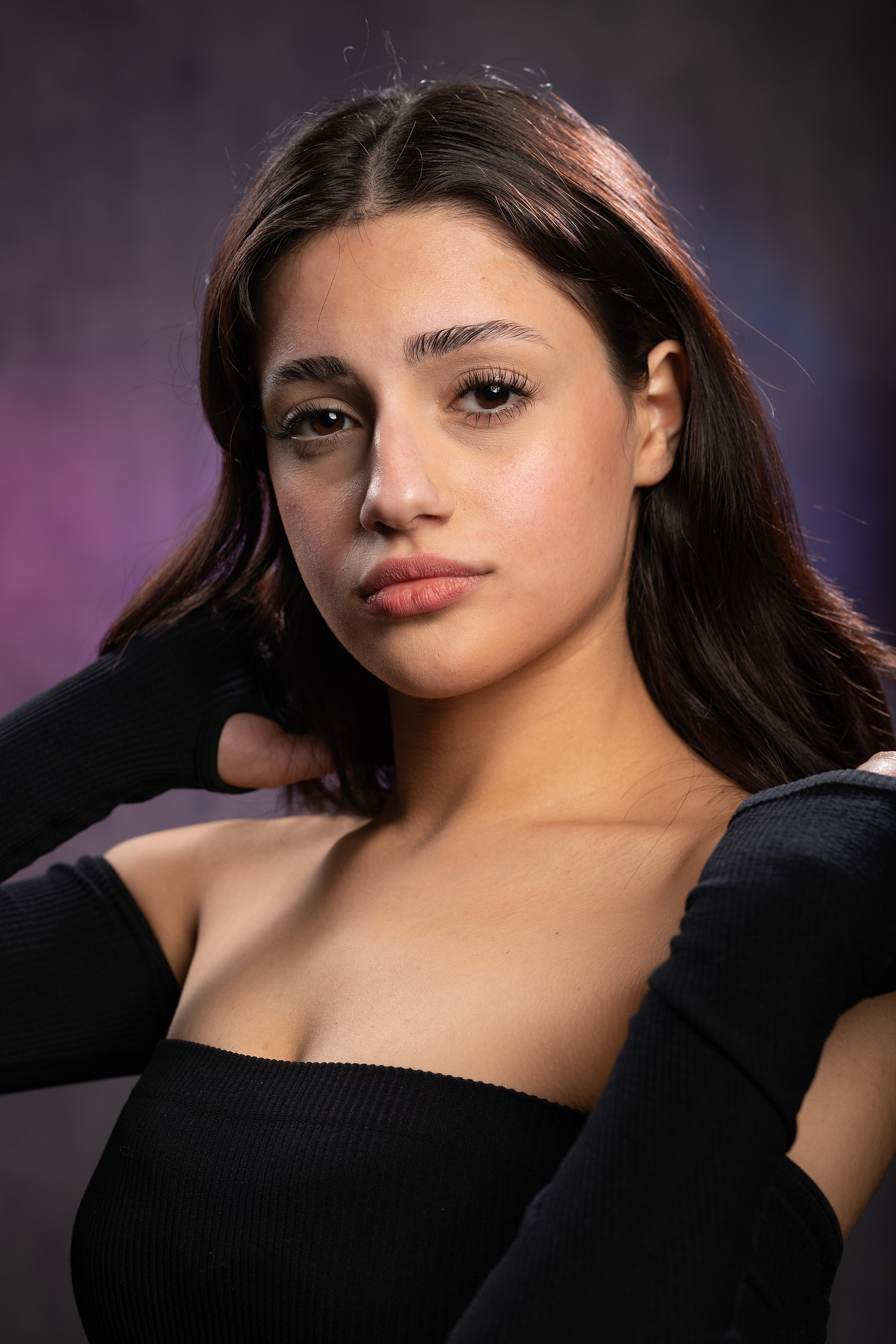 Brunette Actor Headshot photoshoot and model in Aire Street Studio Leeds. 