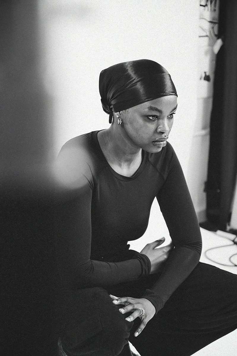 Monochrome image using VCSO camera of model on set at Aire Street Studio