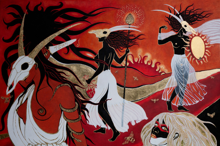The Dionysian, 2024, 100x130 cm, oil, gold leaf, metal leaf on canvas.