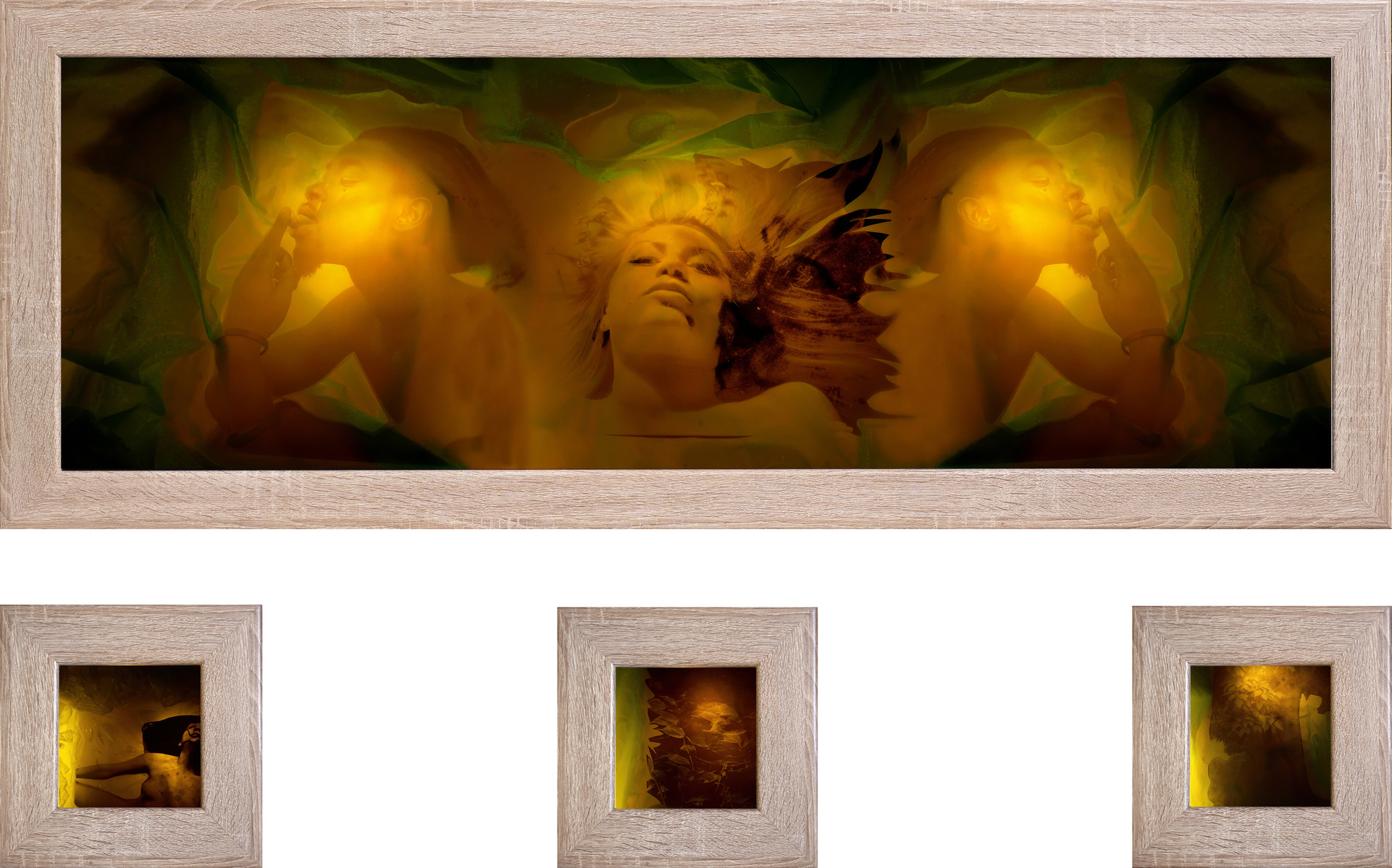 Eleusis, 2012-2024, photographic mixed media, a framed set (entire set area 60 x 120 cm: 40x120cm, 3 x 20x20 cm).