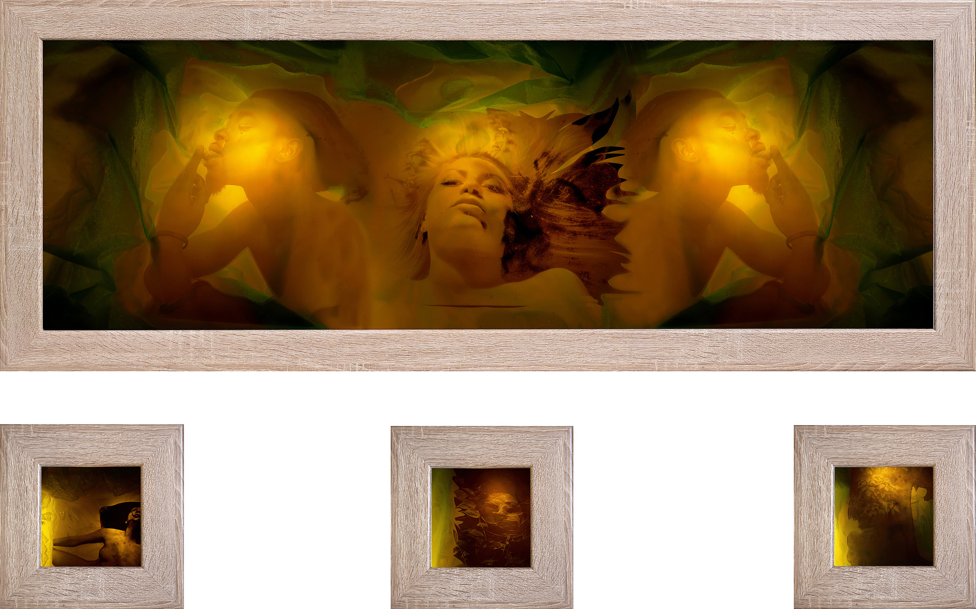 Eleusis, 2012-2024, photographic mixed media, a framed set (entire set area 60 x 120 cm: 40x120cm, 3 x 20x20 cm).