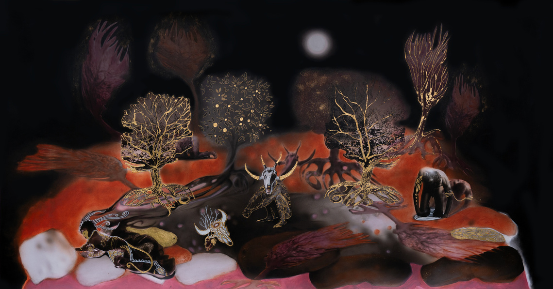 Desert Spirits, 2022, metal leaf and oil on photographic print