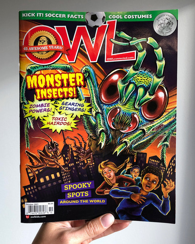 Illustration artwork of Owl Magazine's cover with a giant insect above a city skyline scaring a group of children who are running away.