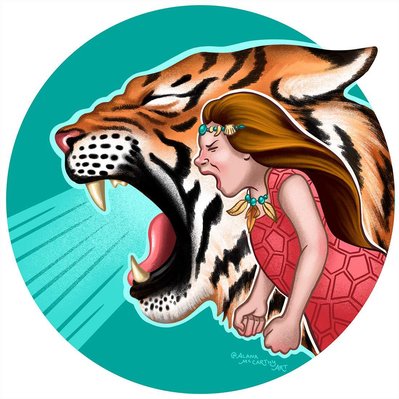 Illustration artwork of a young girl in a dress yelling in front of a giant tiger head growling, encapsulated in a teal coloured circle.