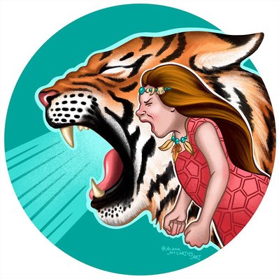 Illustration artwork of a young girl in a dress yelling in front of a giant tiger head growling, encapsulated in a teal coloured circle.