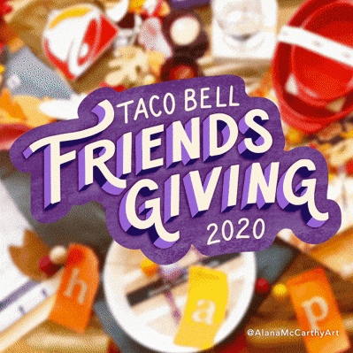 Taco Bell Friendsgiving marketing campaign showing a turkey taco, Thanksgiving feast, pumpkins, hot sauce, hand lettered logo and the meal kit given to social media influencers.