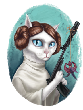 Princess cat holding a blaster with a cat toy. Regal, strong and bold. May the Farce be with her.