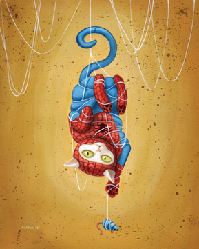 Poor little spideycat hasn't quite figured out how to use his web yet. White kitty dressed up

