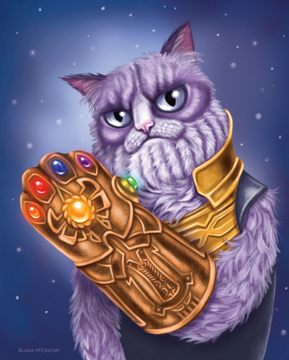 Thanos Cat

This Cat is ready to wipe out half the mouse population with one swipe of his paw shaped Gauntlet. Watch out Catvengers!