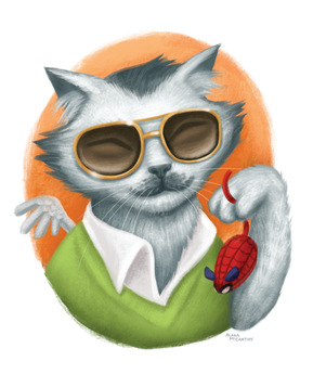 StanLee as a cat playing with a spider cat toy. When Stan passed I knew I had to do an image to honour his memory and celebrate how much joy he brought to the world with his amazing characters.
