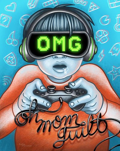 Illustration artwork of a young boy holding a videogame controller, wearing headphones and goggles that read "OMG" in green pixellated text. The cord of the controller writes out "oh mom guilt" in cursive script. The background has icons from video games.