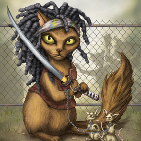 Mewchonne with her samurai sword and chained zombie mice companions. Slicing and dicing their way through the new zombie world.
