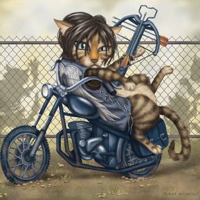 Darryl Cat resting on his chopper motorcycle with his crossbow, ready for zombies.
