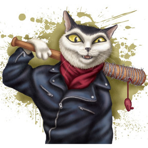Neegan Cat holding up his favorite baseball bat Lucille, luckily there's only a toy mouse stuck to it right now.
