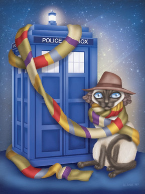 Dr. Cat is ready to travel through space and time, if only he can unravel the phone booth from his scarf.
