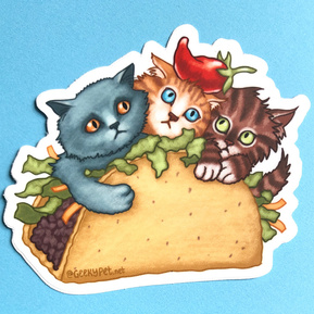 Kitten Taco
Vinyl sticker featuring three cute kittens in a taco.
