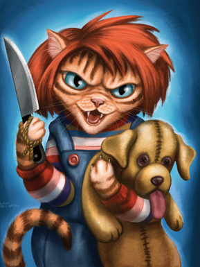 Chuck Cat playing rough with his dog toy. A great gift for both cat and horror fans.