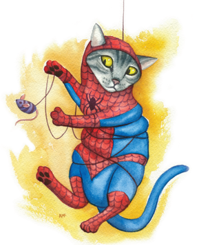 Spidey Cat is all tangled up in his web. That peksy mouse won't get away this time!

