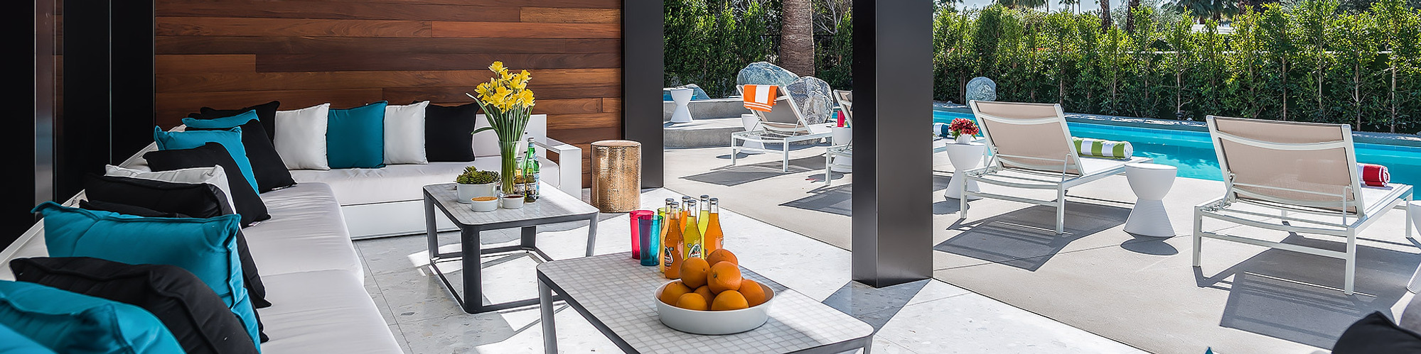 Reimagined pool area and shaded seating grouping at an Old Las Palmas vacation rental. 