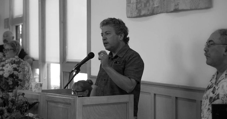 Santa Cruz County First District Supervisor John Leopold updates a group of supporters on legislative activities relating to farmworkers in Santa Cruz County. Unitarian Universalist Fellowship Of Santa Cruz County, September 10th, 2017 Watsonville CA.