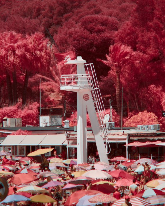 A lifeguard tower on a beach in Moraira, Spain