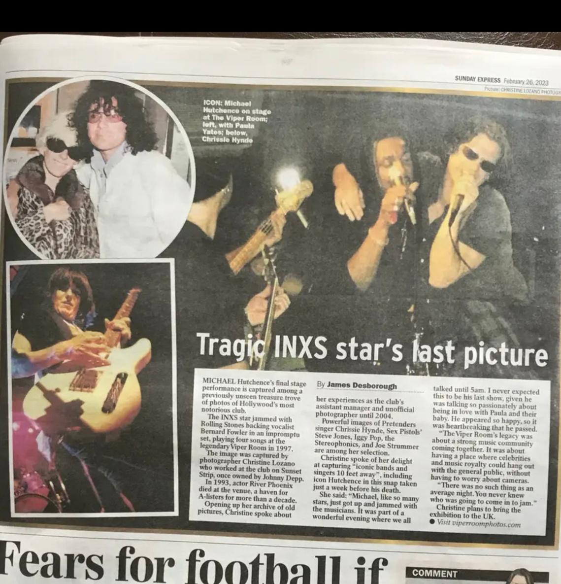 Newspaper article on me and my show that featured the last image of Michael Hutchence taken on stage. Sunday Mirror in England