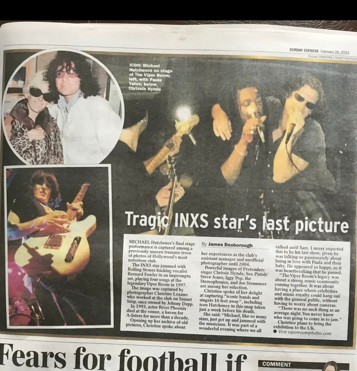 Newspaper article on me and my show that featured the last image of Michael Hutchence taken on stage. Sunday Mirror in England