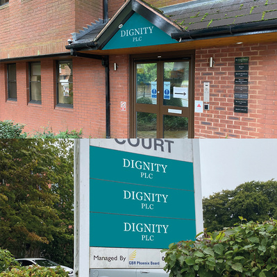Dignity Plc Head Office Main Entrance and Rear Entrance Signage