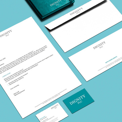 Dignity Plc stationery - letterhead, business card, compliments slip, envelopes and notebooks