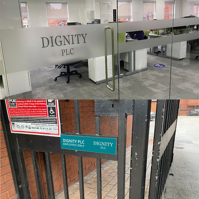 Dignity Plc car park and office signage