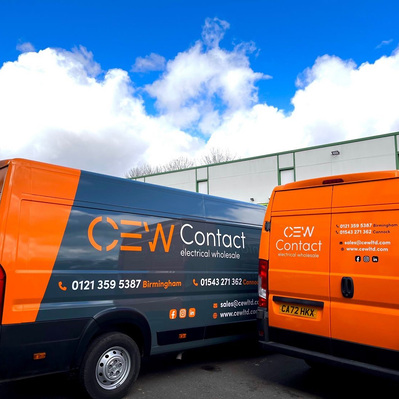 CEW logo and branding on van side and rear panels. Core orange and dark grey brand colours. Landscape logo on side and portrait logo on rear.