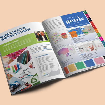 ASP Promotions Product Catalogue 2023/24 Inside Cover. Mission statement with photo of the 2 directors. Collage of branded merchandise in diamond formation, call out stating why ASP Promotions should be your number one choice.