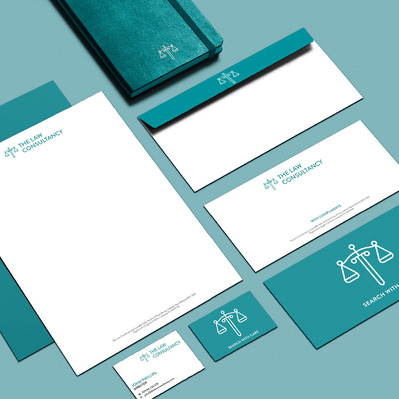 The Law Consultancy stationery; letterhead, business card, comp slip, envelope and notebook