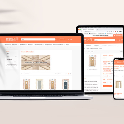 DoorsUK website on laptop, tablet and mobile screen. Showing hand drawn illustrations for bespoke doors and joinery category on the website