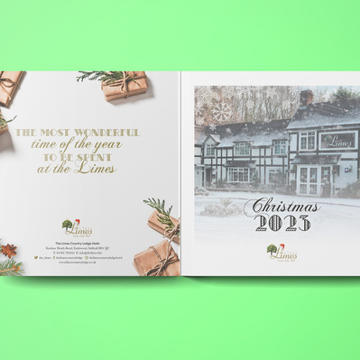The Limes Country Lodge Hotel Christmas Brochure. Front and back cover. Photo of hotel in heavy snowfall. 