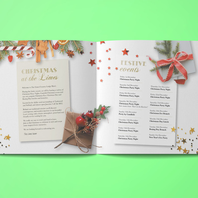 The Limes Country Lodge Hotel Christmas Brochure. Inside spread with intro and important dates. Festive decoration