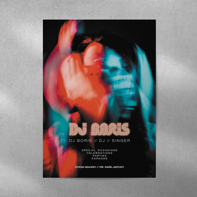 Poster promoting DJ Boris. Main background blurred motion image of two people dancing in vivid neon colour