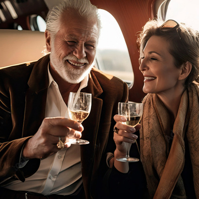 Image of retired couple on private jet drinking champagne