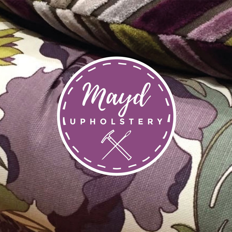 Mayd Upholstery logo overlaid colourful patterned chair