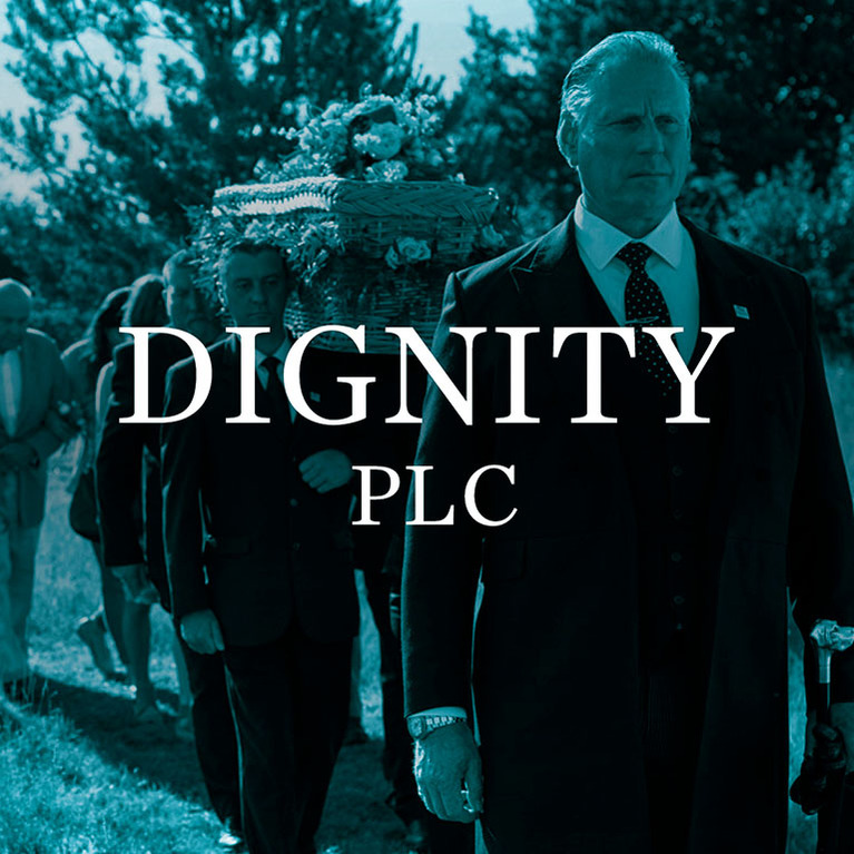 Dignity Plc logo overlaid funeral procession.