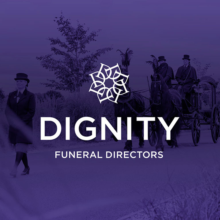 Dignity Funerals logo overlaid horse and carriage funeral procession