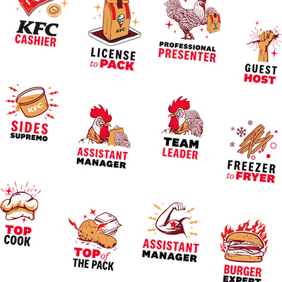 KFC Team Training Icons - KFC Cashier, Licence to Pack, Professional Presenter, Guest Host, Sides Supremo, Assistant Manager, Team Leader, Freezer to Fryer, Top Cook, Top of the Pack, Burger Expert.