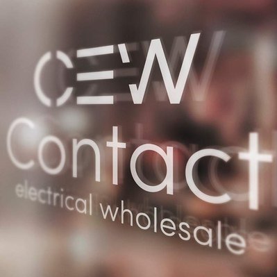 CEW Contact Electrical Wholesale white portrait logo on shop window