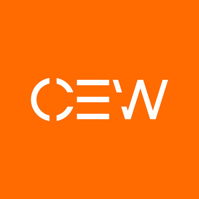 White CEW logo wordmark on orange background