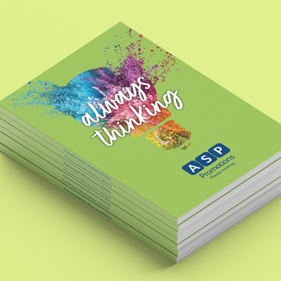 ASP Promotions Gift Brochure. Lightbulb silhouette with coloured paint splashes exploding out of it on a lime green background and always thinking strapline in white overlaid. ASP Promotions logo centred at bottom underneath the hero image and strapline.