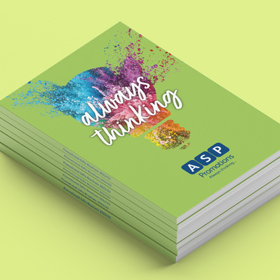 ASP Promotions Gift Brochure. Lightbulb silhouette with coloured paint splashes exploding out of it on a lime green background and always thinking strapline in white overlaid. ASP Promotions logo centred at bottom underneath the hero image and strapline.