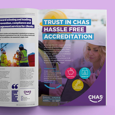 CHAS full page advert in the BSIF Guide 2022. Large bold headline. Full background image of contractors wearing hard hats, body copy underneath, 3 circle icons, feefo rating logo and CHAS logo
