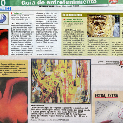 Primera Hora's listing of exhibitions in Puerto Rico.  