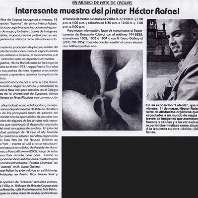 Press article about Hector Rafael and his solo exhibition Latente.